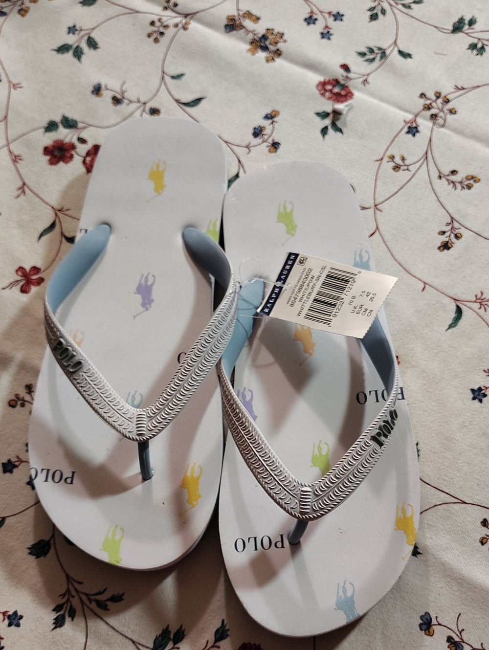 Polo by Ralph Lauren White Flip Flop Sandals with Pastel Pony Print